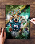 Personalized pet puzzle featuring a dog in a Miami Dolphins football uniform with "FRANK" above.