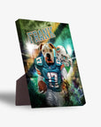 Personalized pet standing canvas featuring a dog in a teal football uniform, holding a helmet and ball, with "FRANK" above.