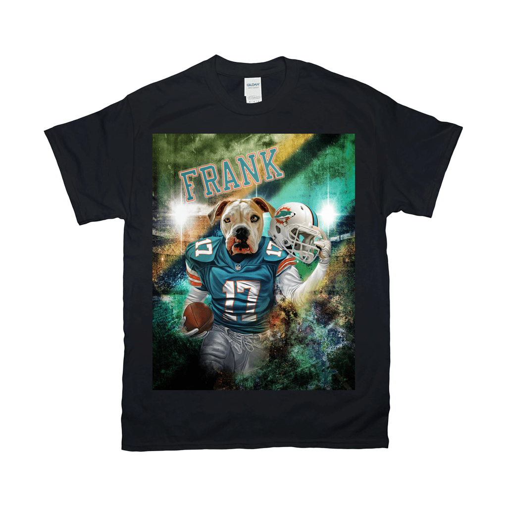 Black Gildan t-shirt with a personalized "Miami Doggos" design featuring a dog in a football uniform.