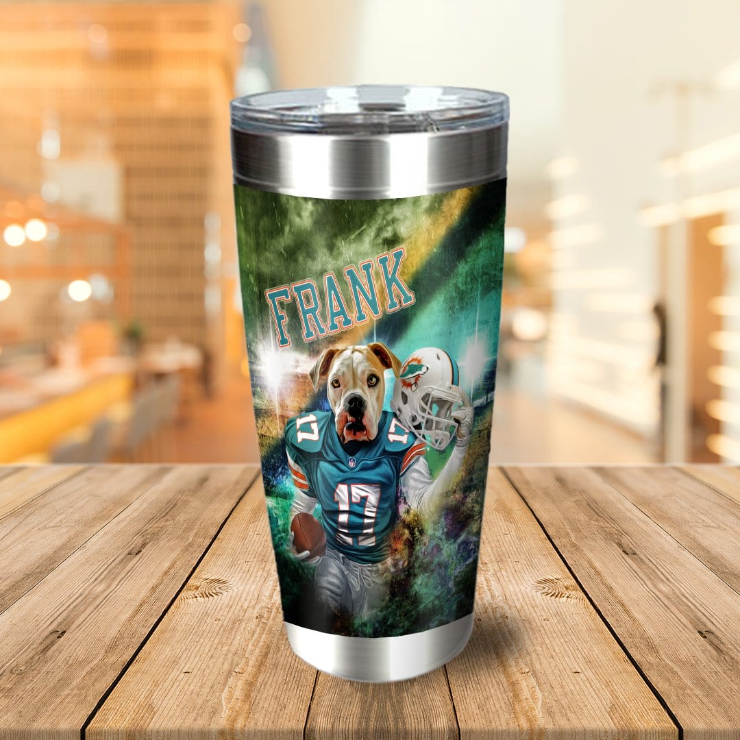 Personalized stainless steel tumbler with a cartoon bulldog in a football uniform, holding a helmet and ball.