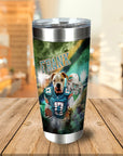 Personalized stainless steel tumbler with a cartoon bulldog in a football uniform, holding a helmet and ball.
