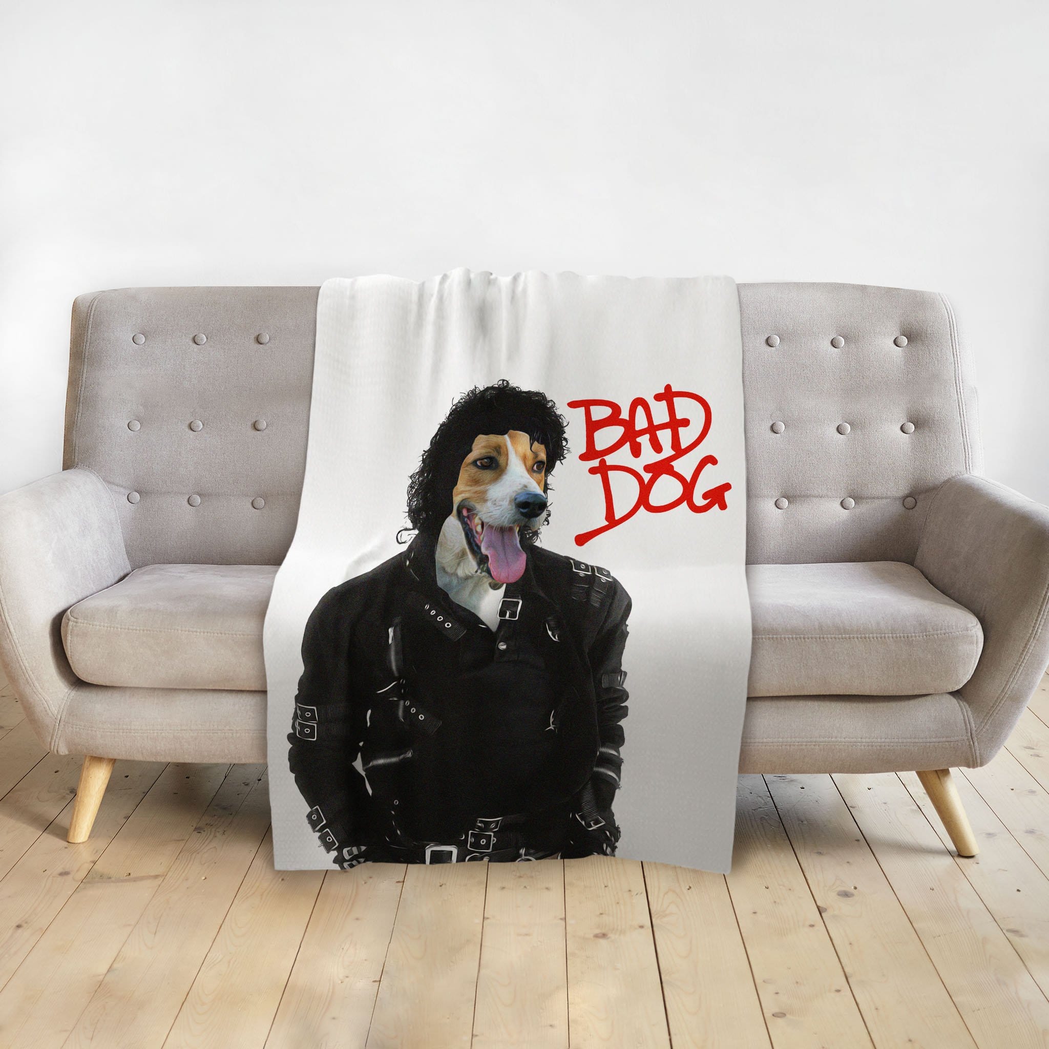 Personalized pet blanket with a dog in a "Michael Wooferson" style portrait, "BAD DOG" in red text.