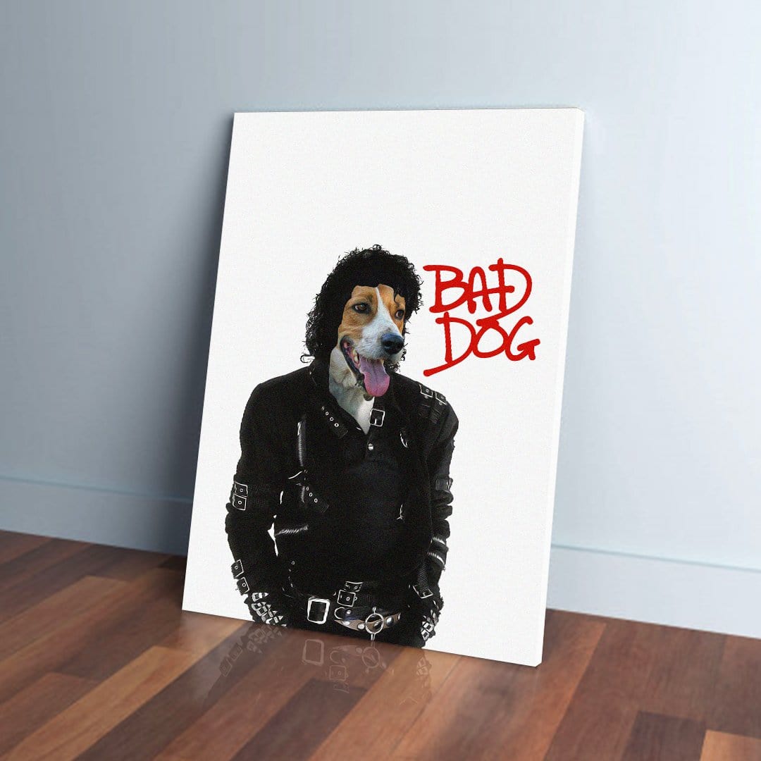 Personalized pet canvas featuring a dog's head on Michael Jackson's "Bad" album cover body, with "BAD DOG" in red.