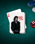 Personalized playing cards featuring a dog's head on a "Michael Wooferson" style portrait, on a green felt table.