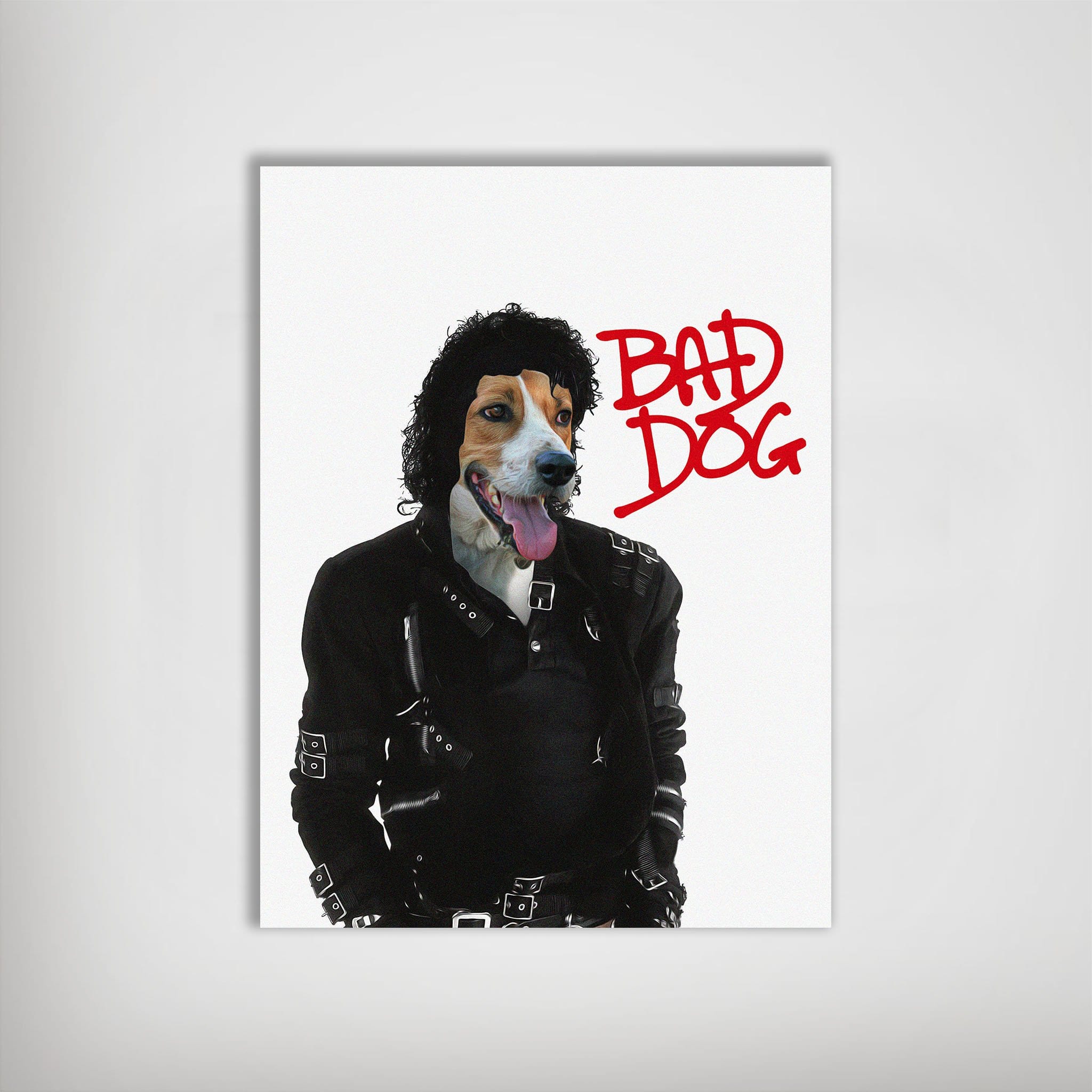 Personalized "Michael Wooferson" pet poster featuring a dog's head on a black leather jacket body, with "BAD DOG" in red.
