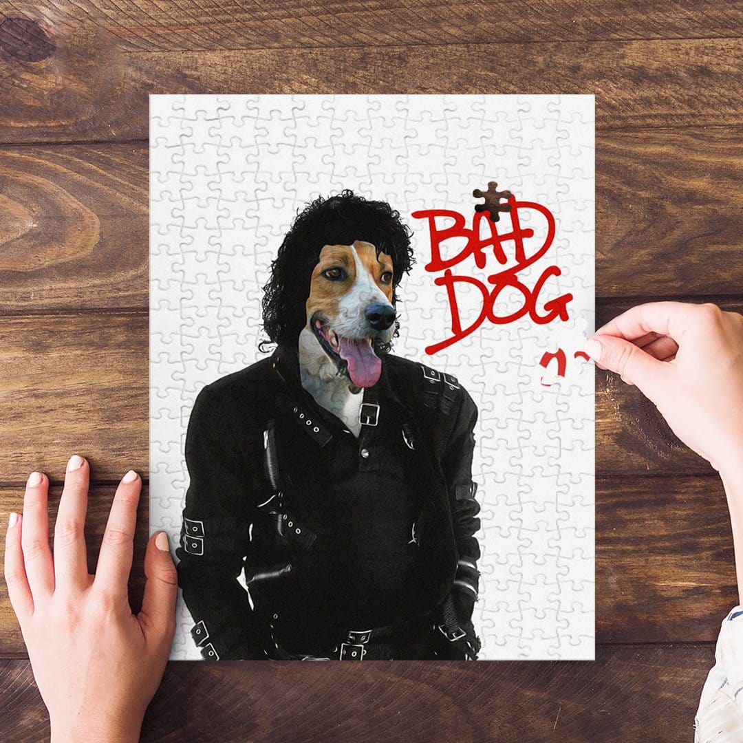 Personalized Michael Wooferson "Bad Dog" puzzle featuring a custom pet portrait.