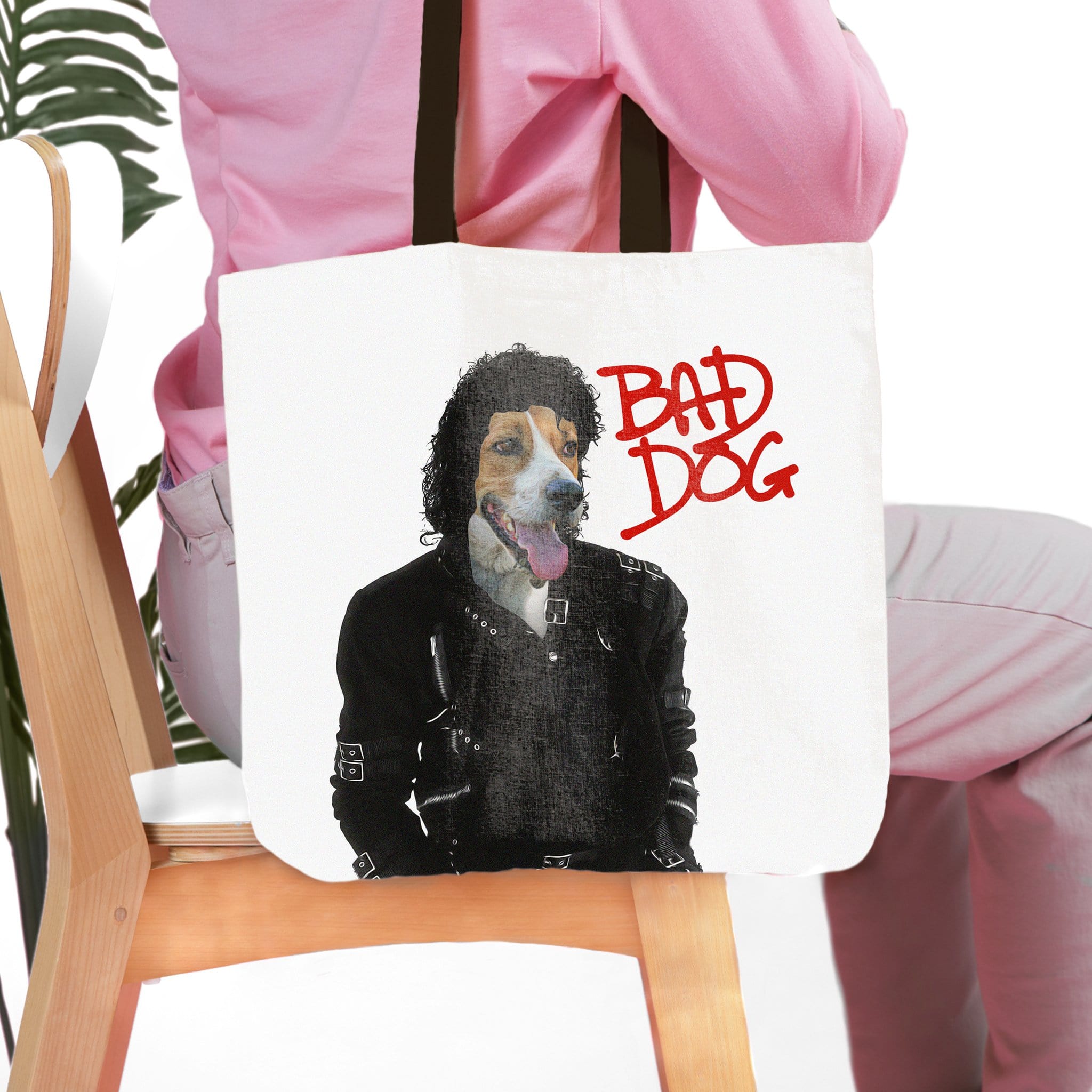 Personalized white canvas tote bag with a custom dog portrait in a "Michael Wooferson" style, "BAD DOG" in red.