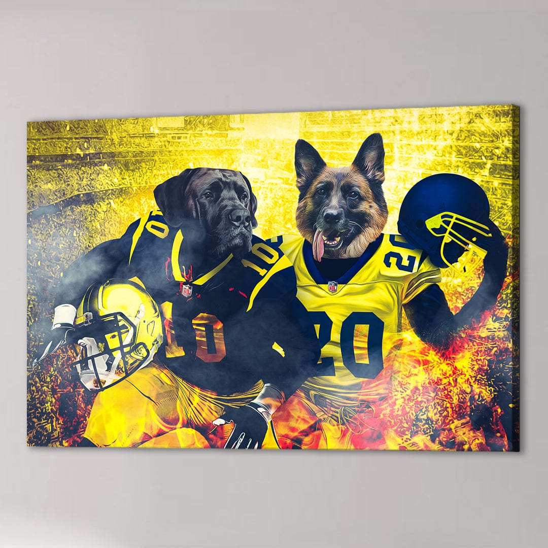 Personalized 'Michigan Doggos' canvas featuring two pets in yellow and blue football uniforms.