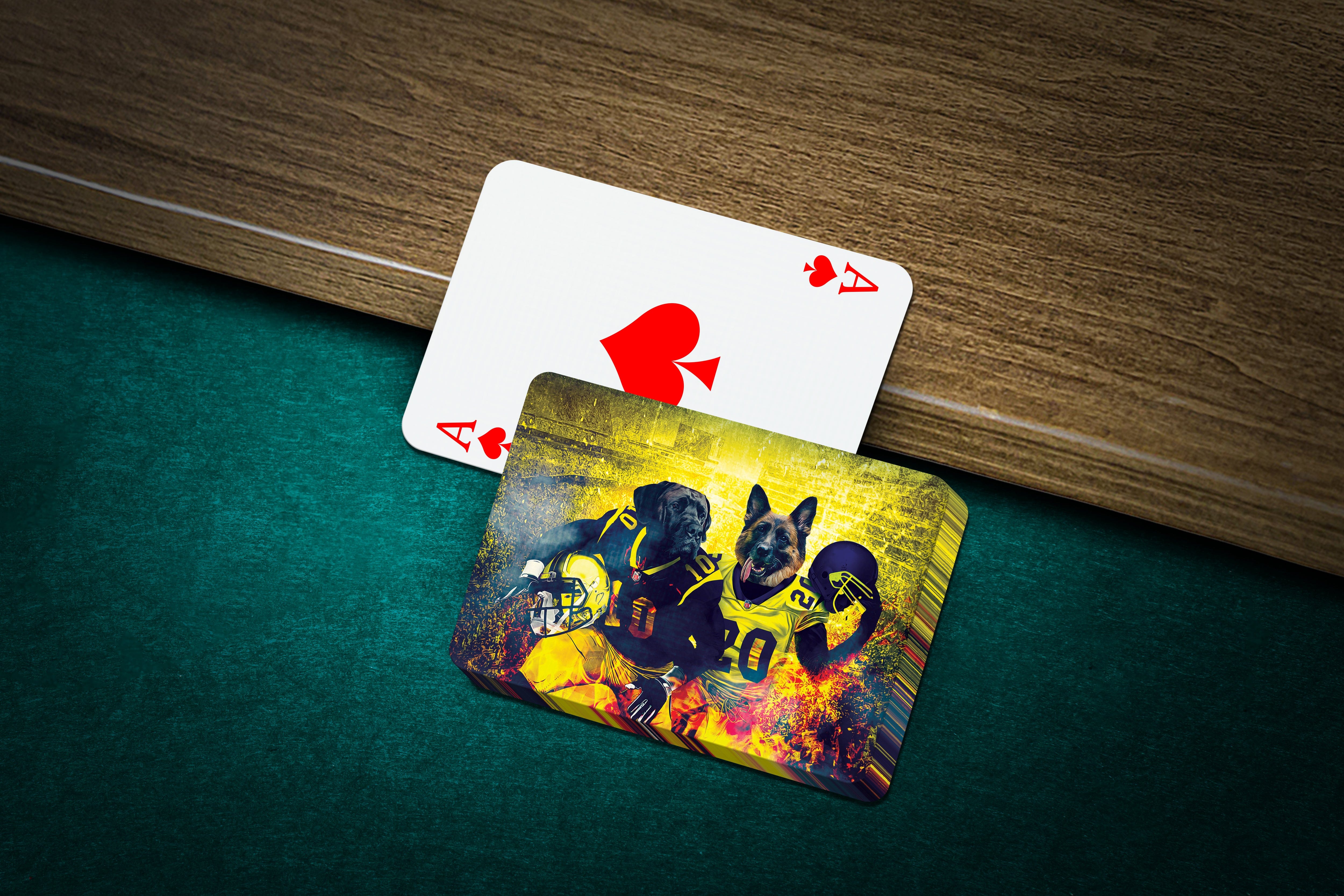 Personalized playing cards featuring two dogs in football uniforms with a colorful, artistic background.