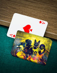 Personalized playing cards featuring two dogs in football uniforms with a colorful, artistic background.