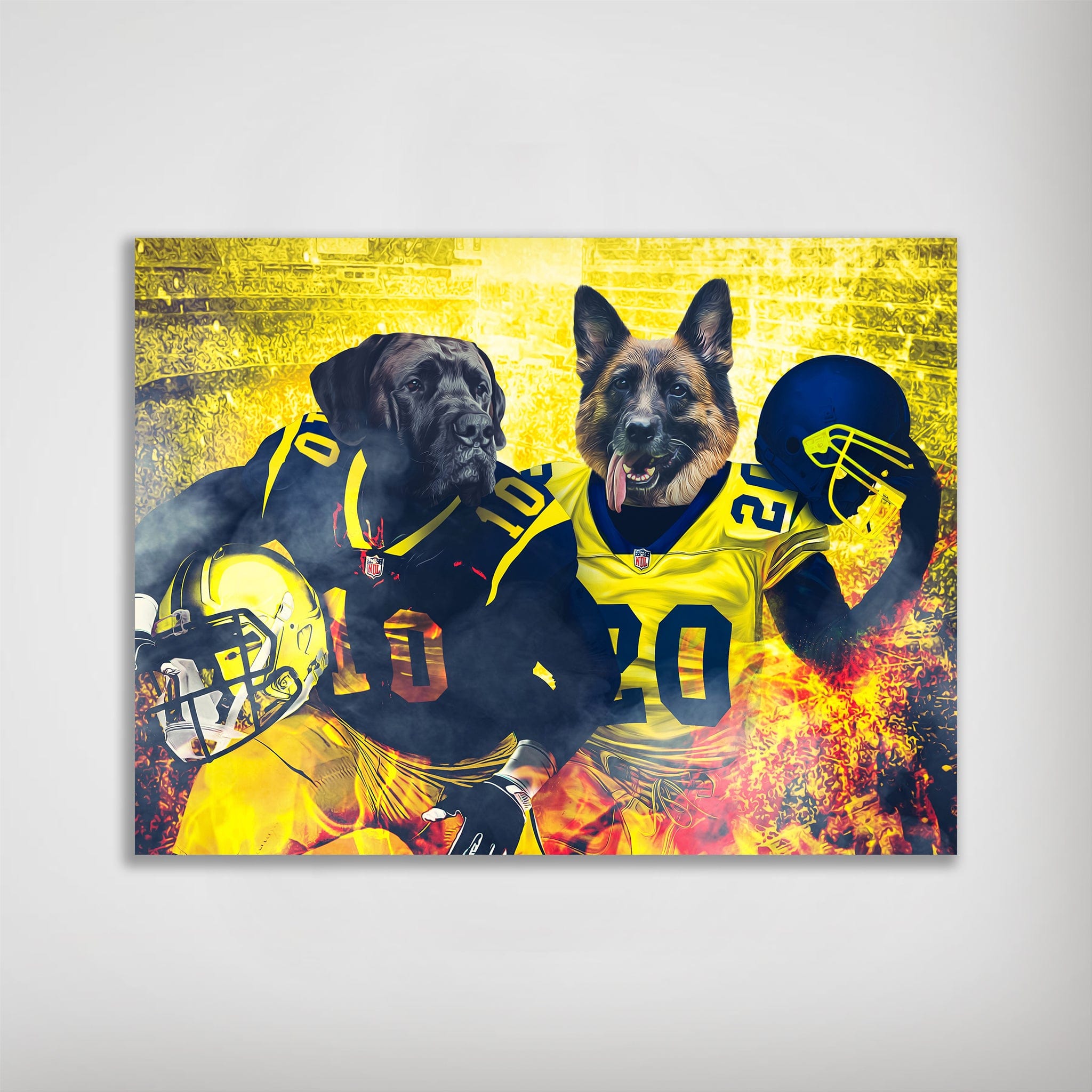 Personalized 'Michigan Doggos' poster featuring two pets as football players in yellow and black jerseys.