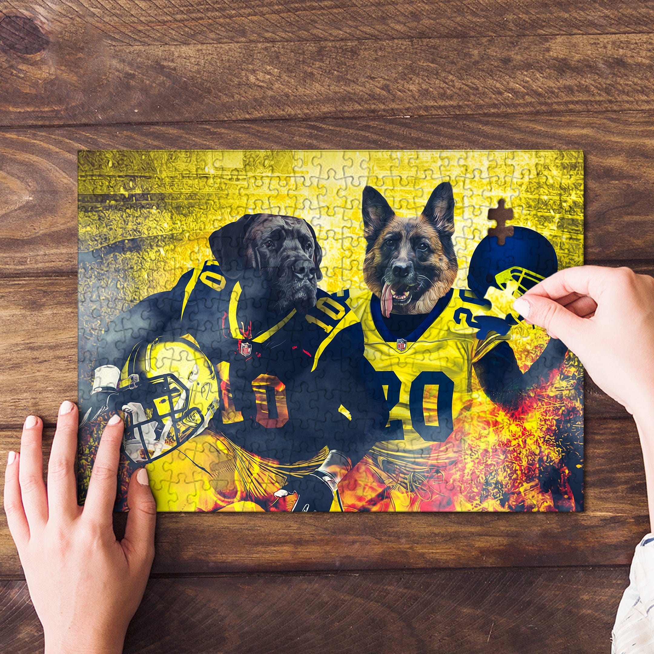 Personalized 2-pet puzzle featuring a black dog and German Shepherd in football uniforms.