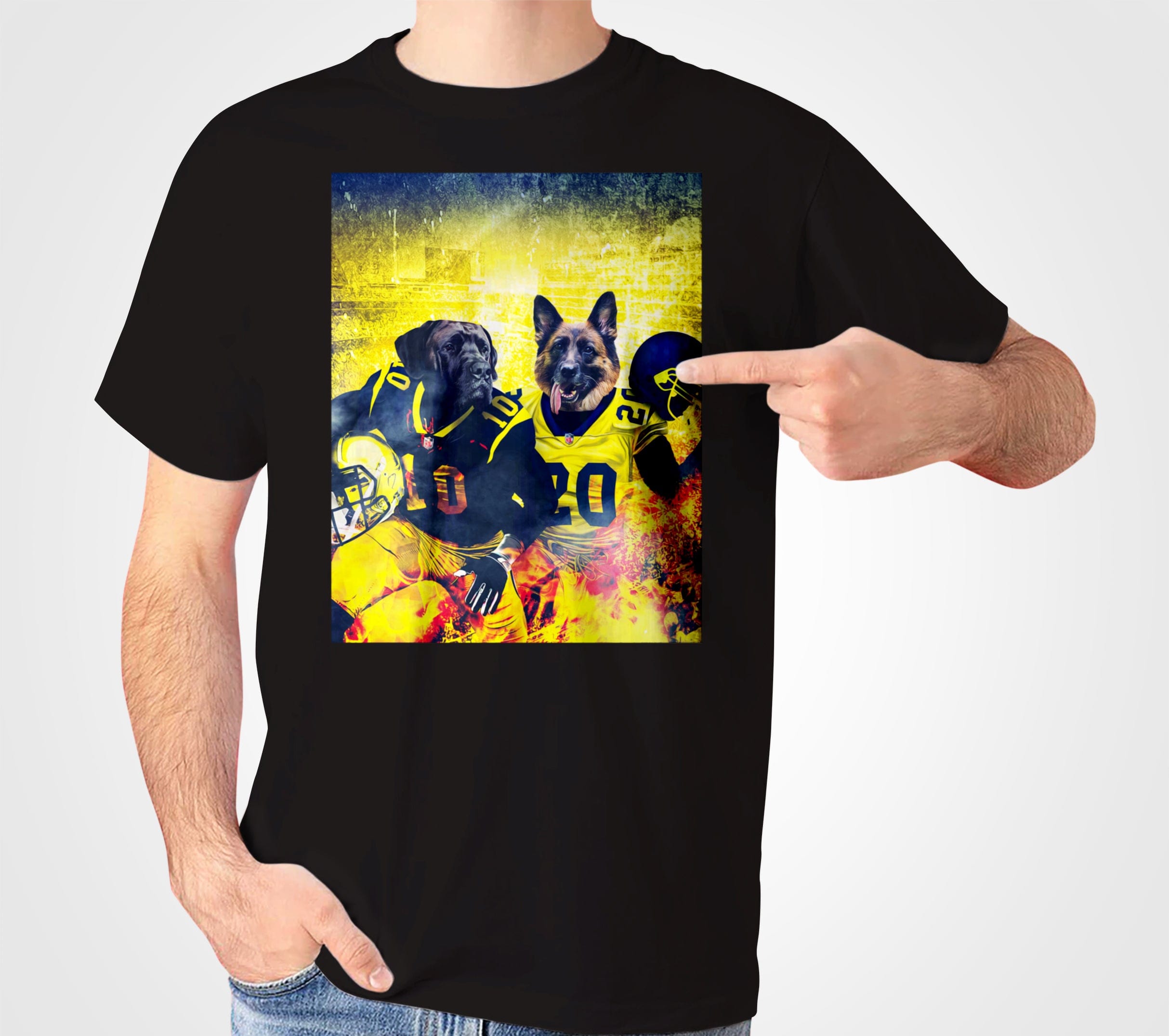 Black Gildan t-shirt with two dogs in yellow and blue football uniforms, one pointing.