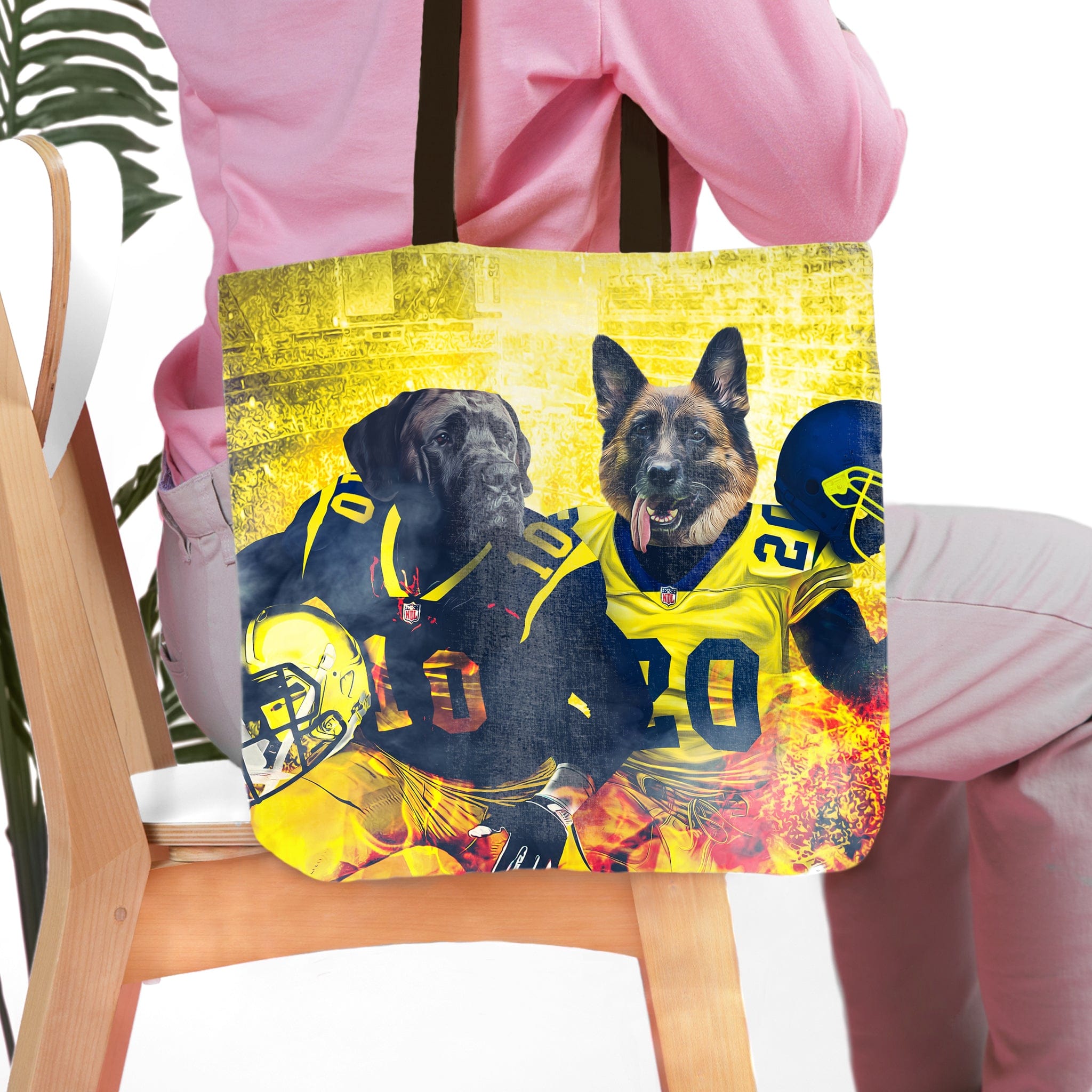 Personalized tote bag with two dogs in Michigan football uniforms, yellow and black design.