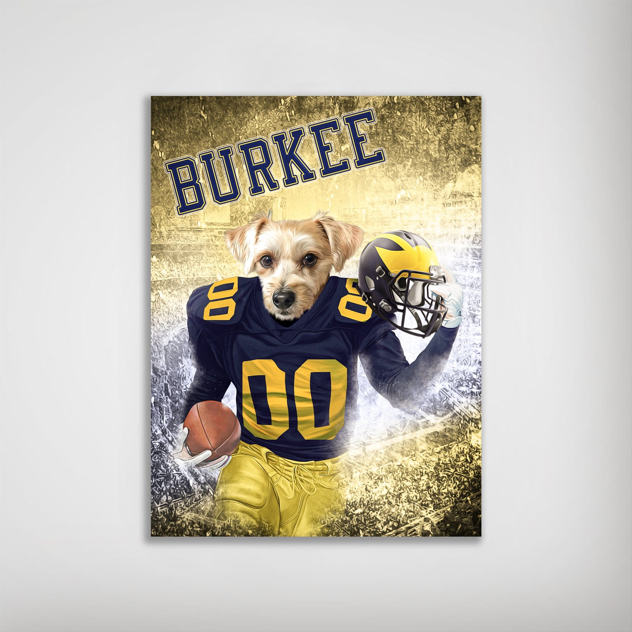 Personalized 'Michigan Doggos' poster featuring a dog in a navy and yellow football uniform, holding a helmet and ball.