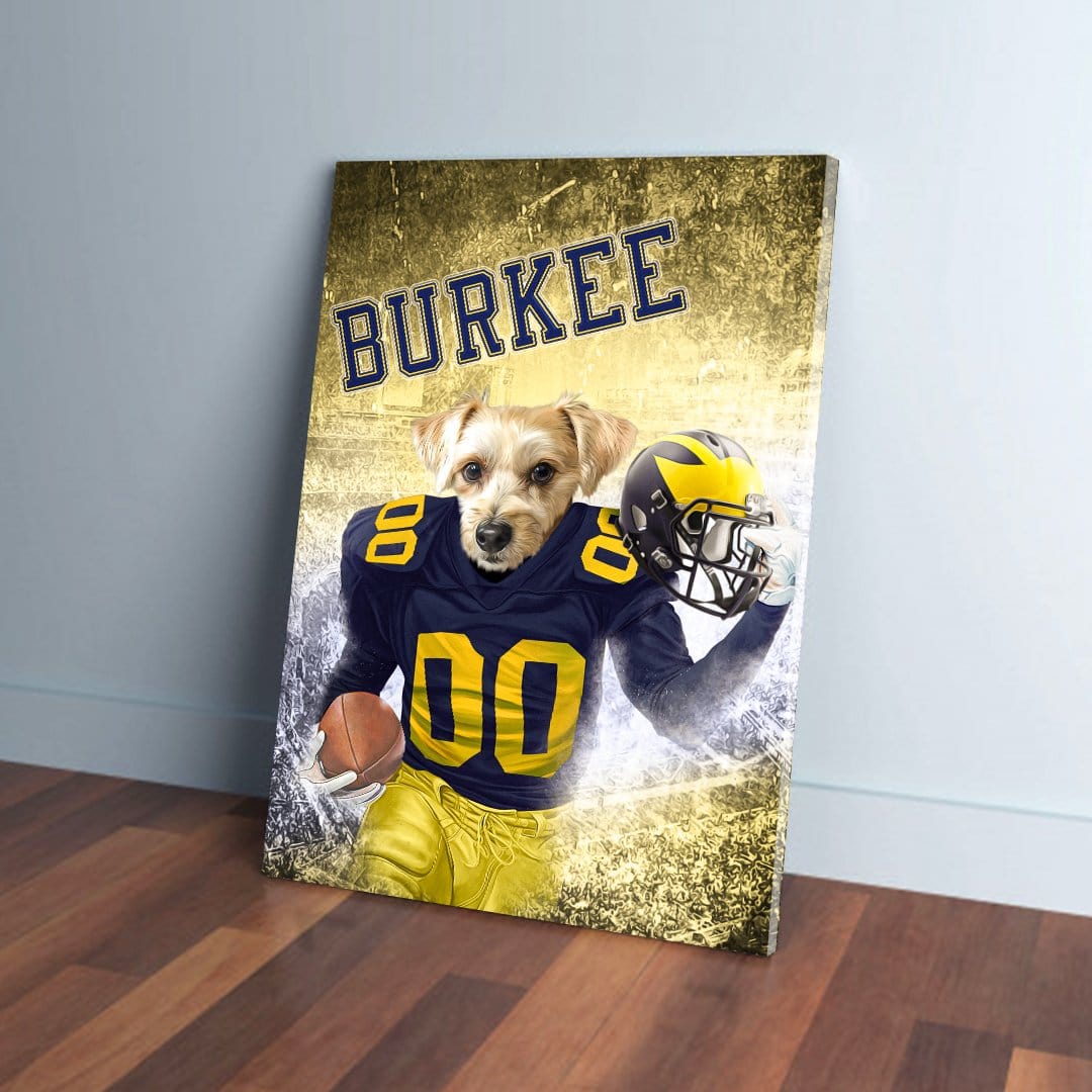 Personalized pet canvas featuring a dog in a blue and yellow Michigan football uniform, holding a helmet and football.
