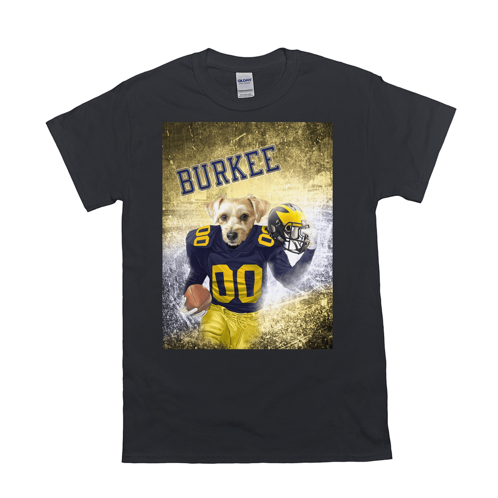 Black Gildan t-shirt with a personalized graphic of a dog in a blue and yellow football uniform.
