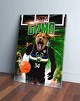 Personalized pet canvas featuring a dog in a black Milwaukee Bucks basketball uniform with "GIZMO" above.