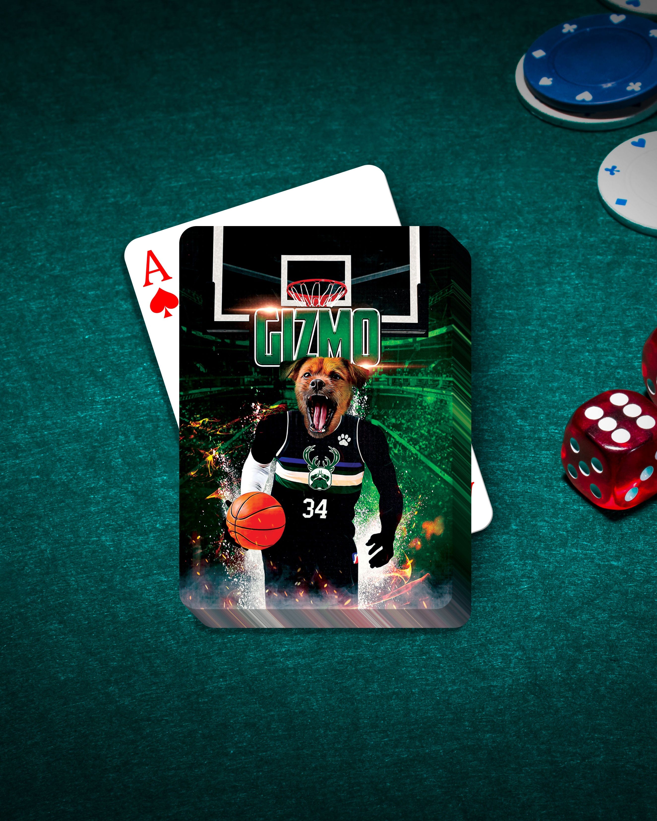 Personalized playing cards featuring a custom dog portrait in a basketball jersey, on a green felt table with poker chips and dice.