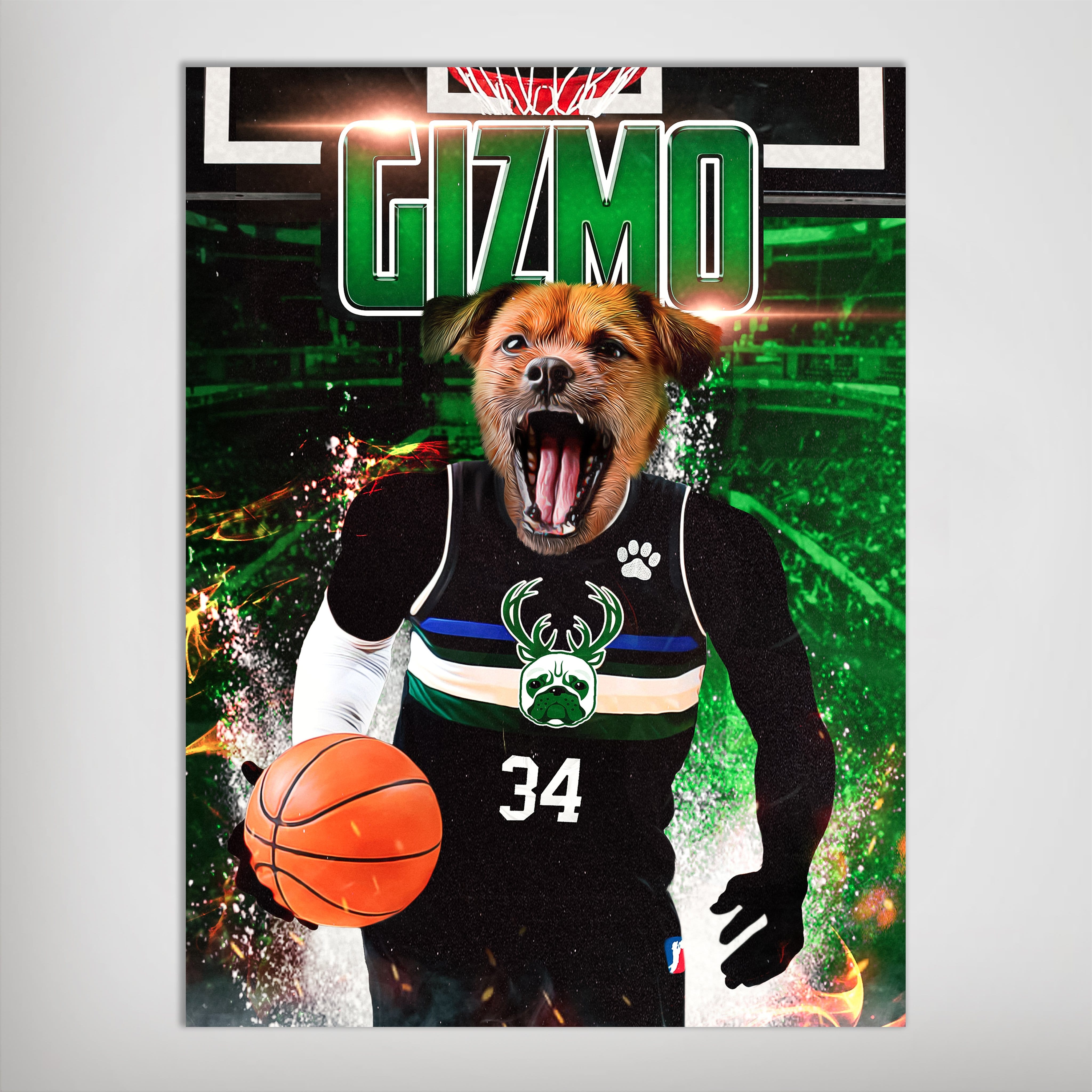 Personalized pet poster featuring a dog's head on a basketball player in a black and green Milwaukee Bucks uniform.