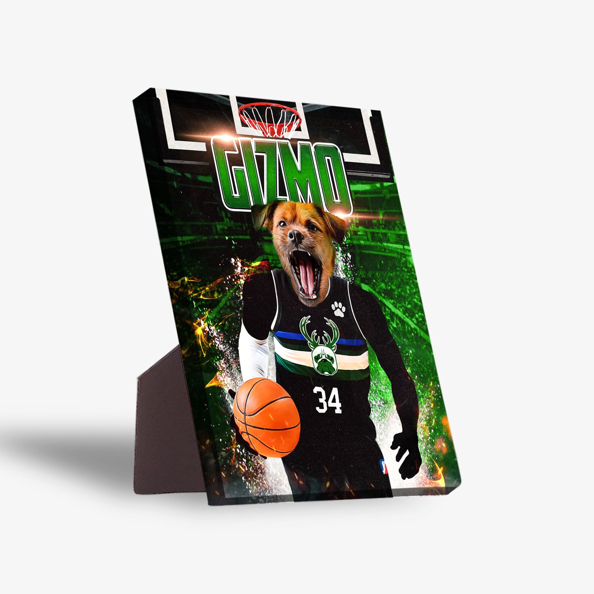 Personalized pet standing canvas featuring a dog in a black basketball jersey with "GIZMO" and a hoop.