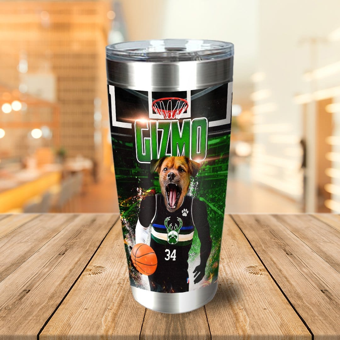Personalized stainless steel tumbler with a dog in a Milwaukee Bucks basketball uniform, holding a basketball.