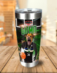 Personalized stainless steel tumbler with a dog in a Milwaukee Bucks basketball uniform, holding a basketball.
