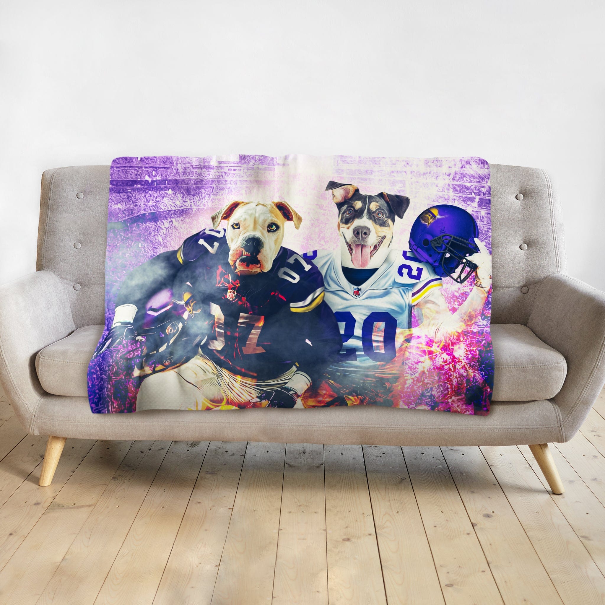 Custom personalized blanket with two dogs in Minnesota Vikings football jerseys.