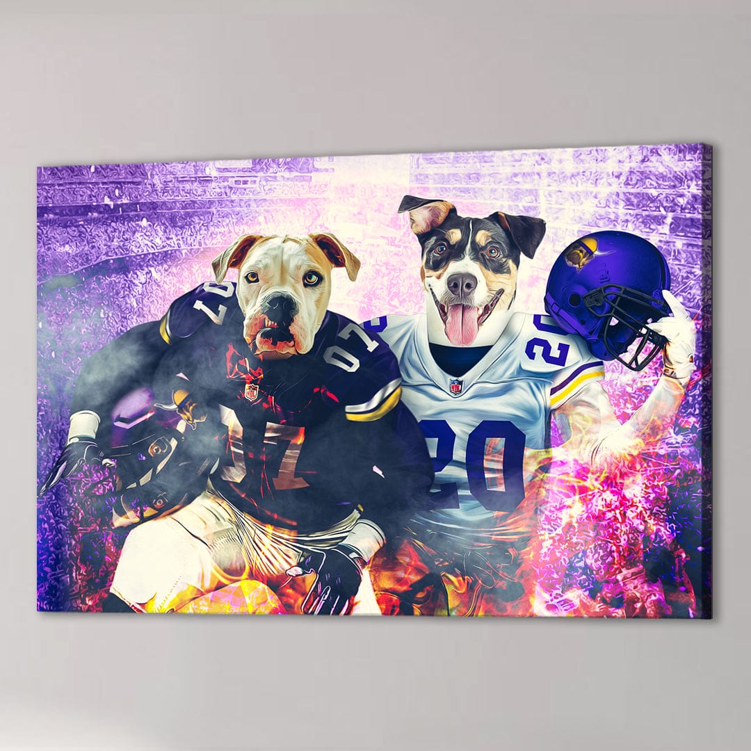 Personalized 'Minnesota Doggos' canvas featuring two pets in football uniforms against a purple stadium backdrop.