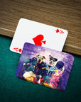 Custom personalized playing cards featuring two dogs in football uniforms, on a green felt table.