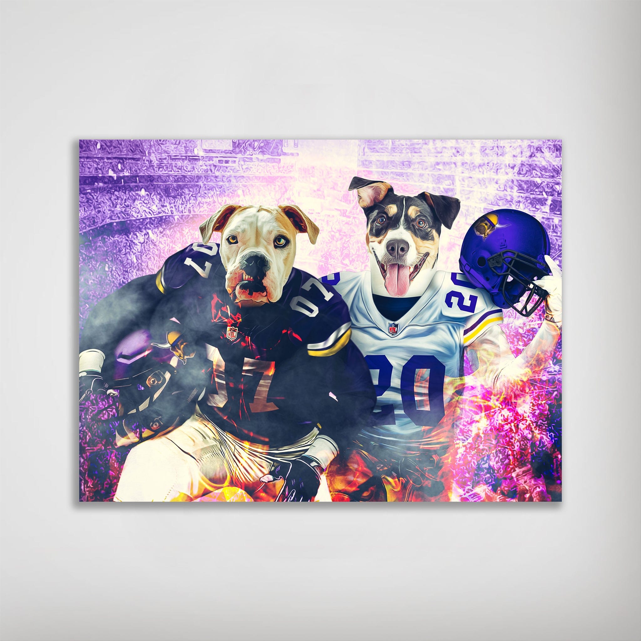 Custom poster featuring two dogs in Minnesota Vikings football jerseys, one holding a purple helmet.