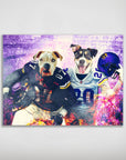 Custom poster featuring two dogs in Minnesota Vikings football jerseys, one holding a purple helmet.