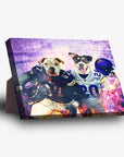 Personalized canvas featuring two dogs in Minnesota Vikings football jerseys with a purple, distressed background.