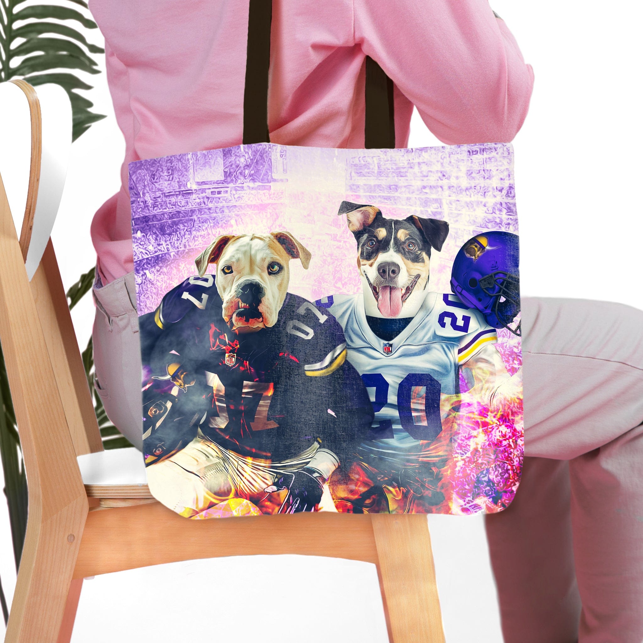Personalized Minnesota Doggos 2 pet tote bag with dogs in football jerseys.