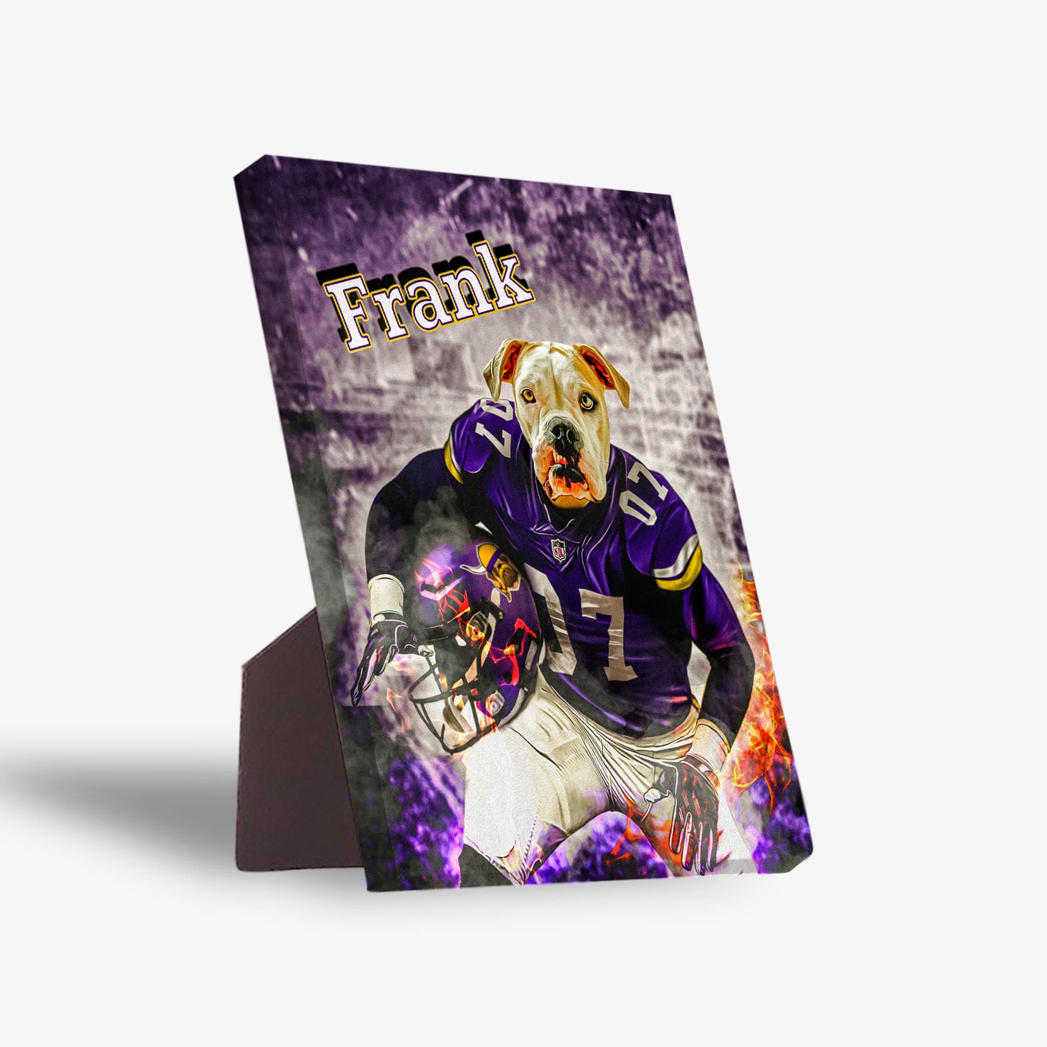 Personalized pet standing canvas featuring a bulldog in a purple football uniform with "Frank" above.