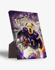 Personalized pet standing canvas featuring a bulldog in a purple football uniform with "Frank" above.