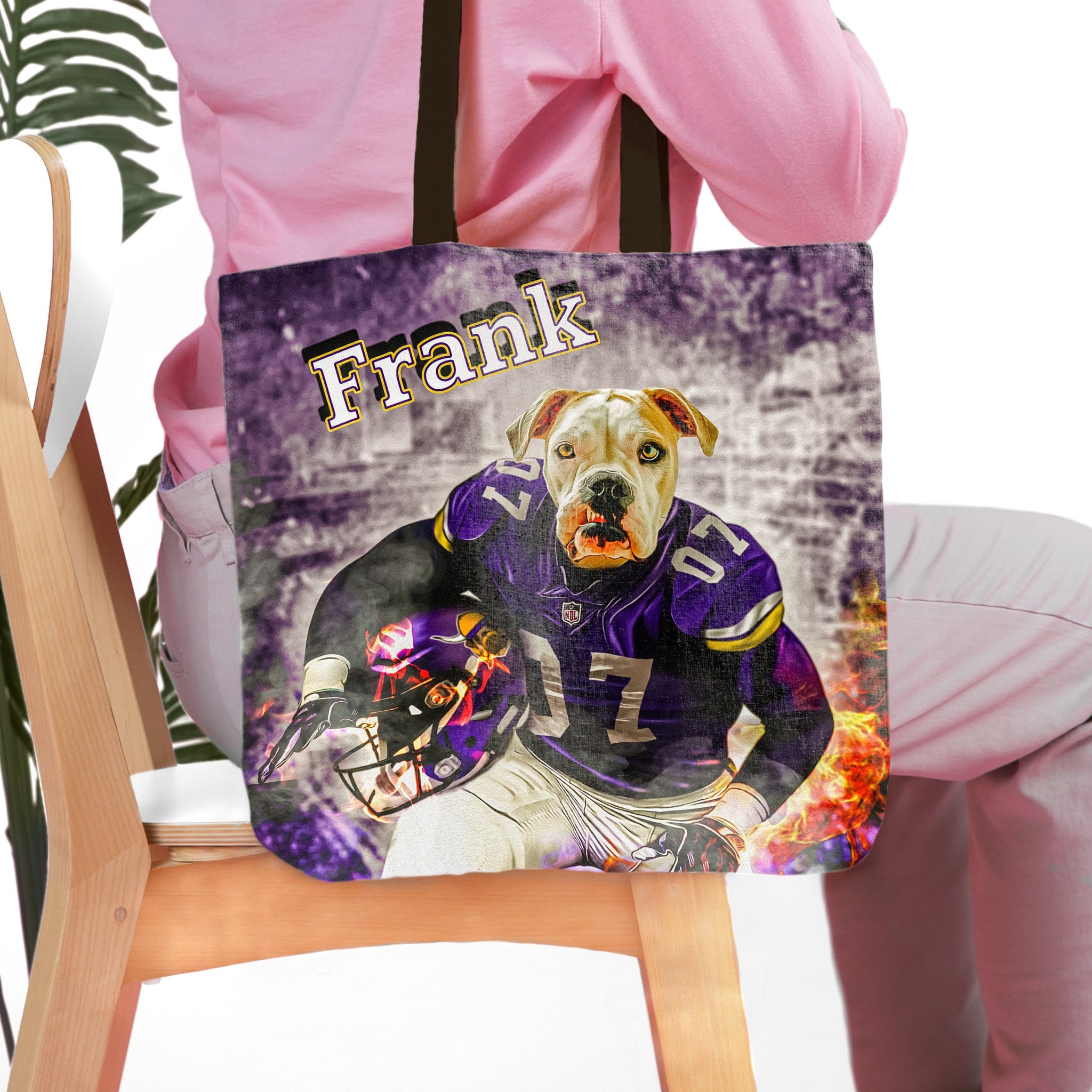 Personalized Minnesota Doggos tote bag with custom dog portrait in a football uniform.