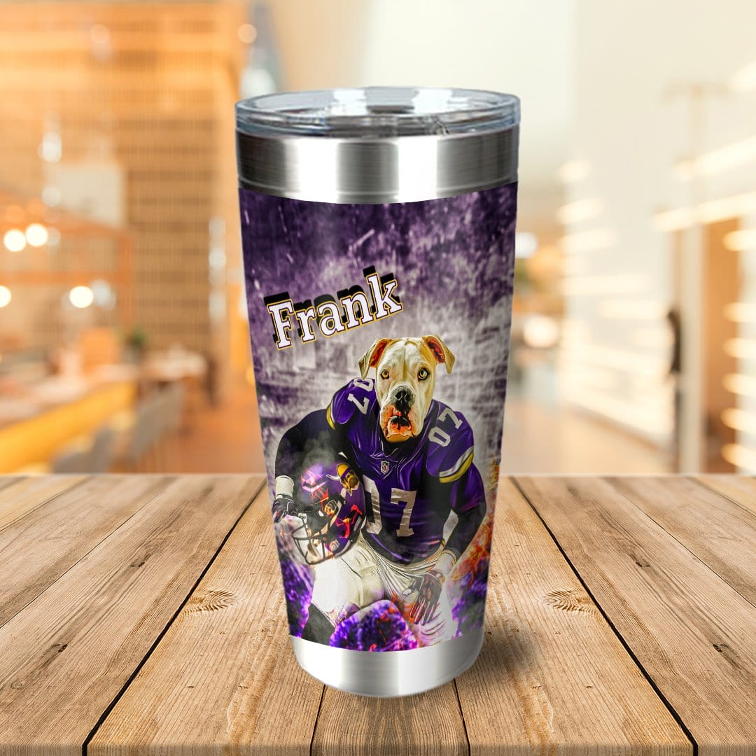 Personalized stainless steel tumbler with a custom dog portrait in a purple football uniform.