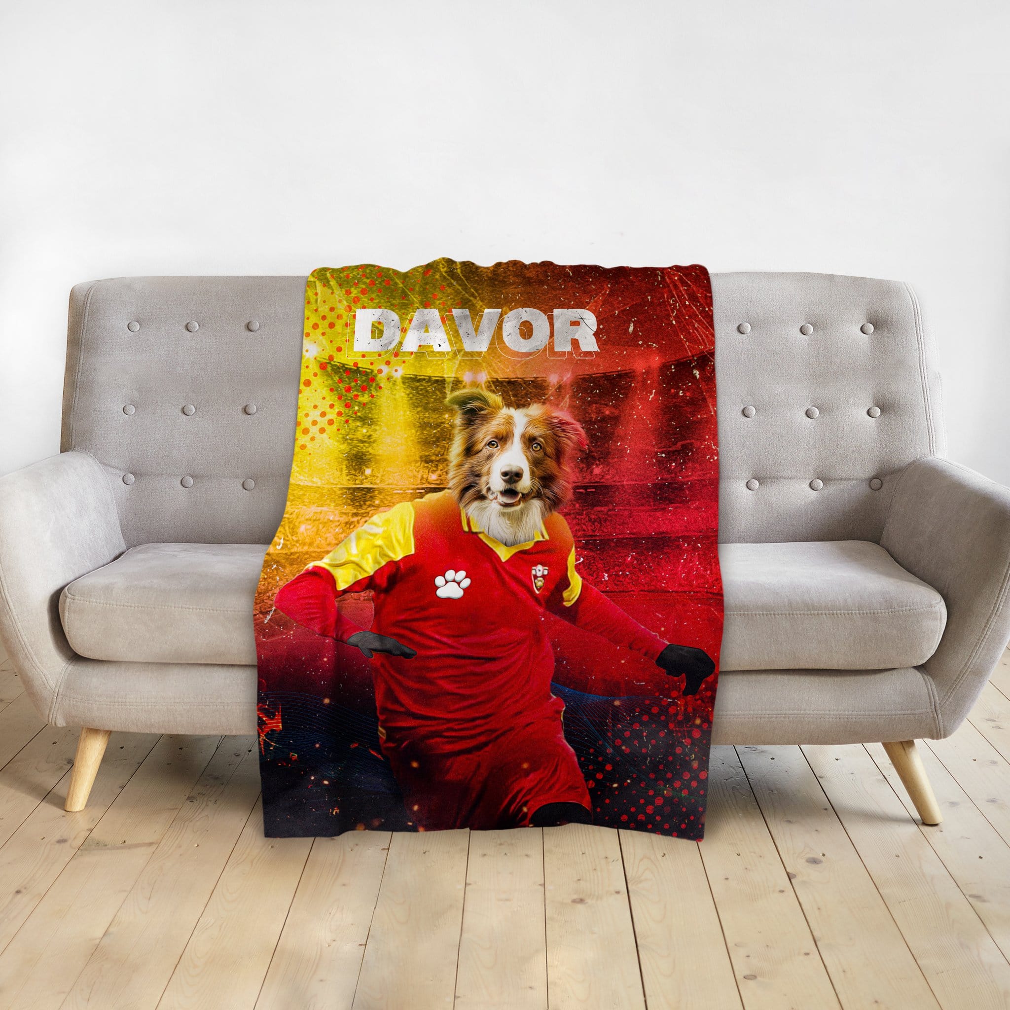 Personalized pet blanket with a border collie in a red and yellow soccer uniform, named DAVOR.