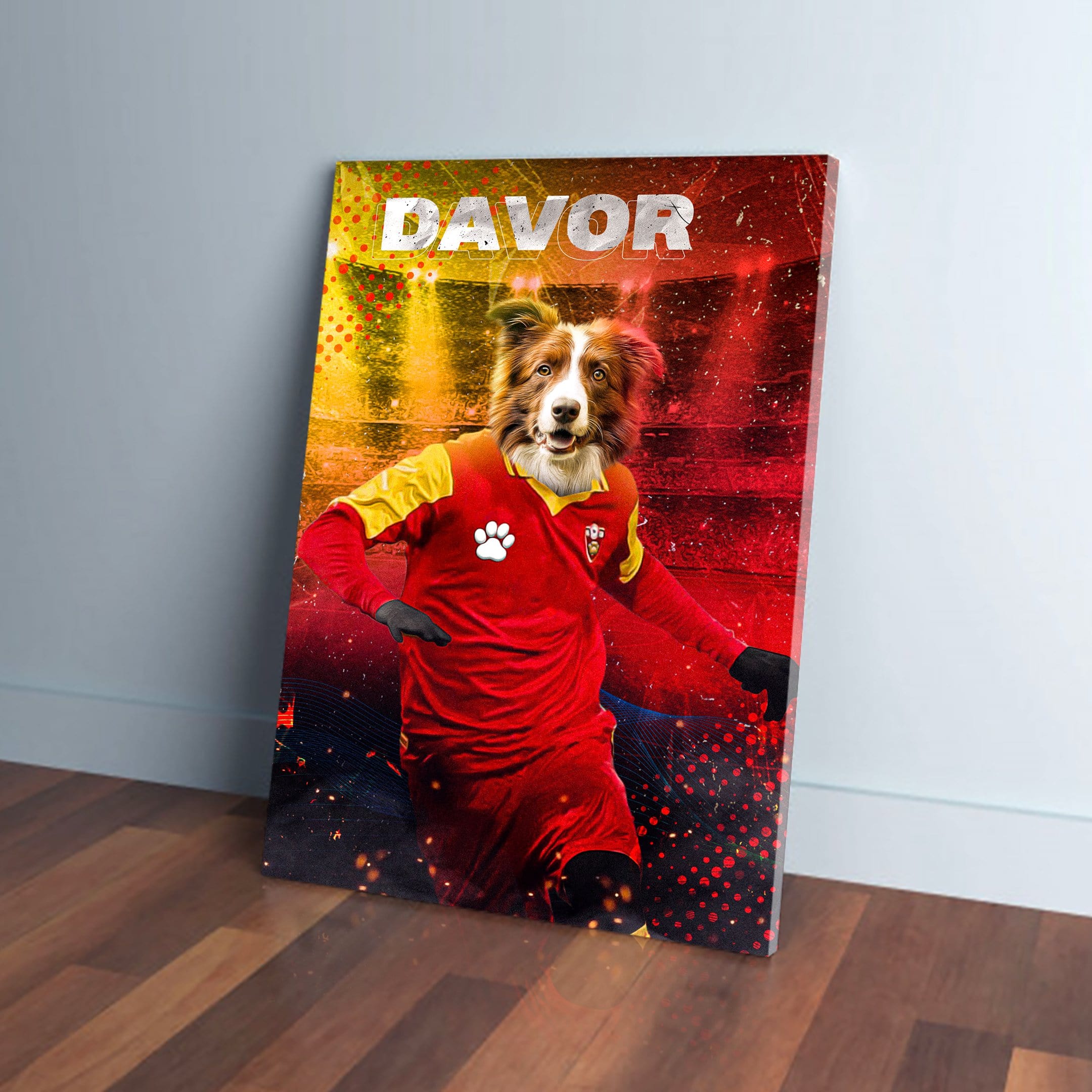 Personalized pet canvas featuring a Border Collie in a red and yellow Montenegro soccer jersey, named "DAVOR".