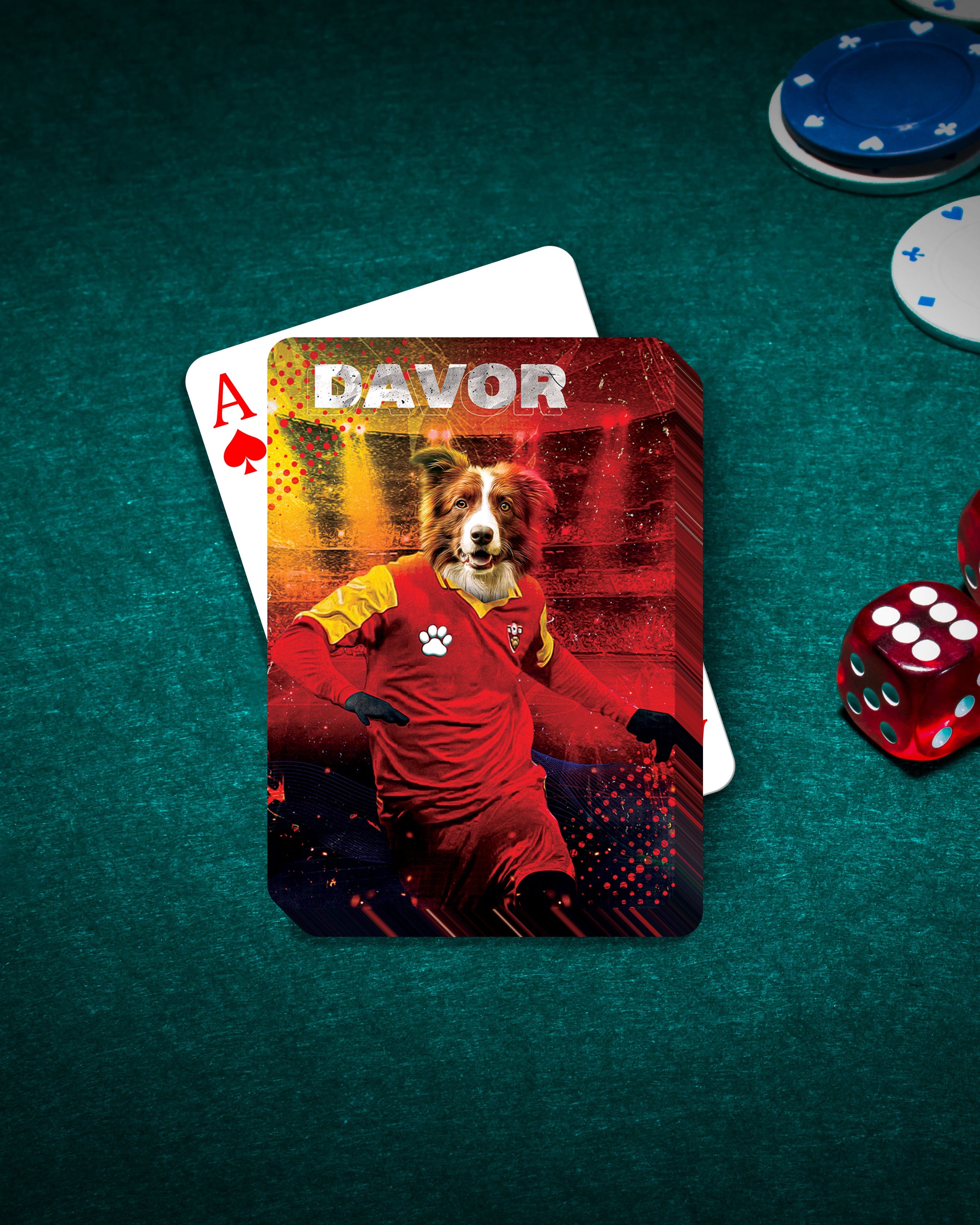 Personalized playing card featuring a dog in a red soccer uniform on a green felt table.