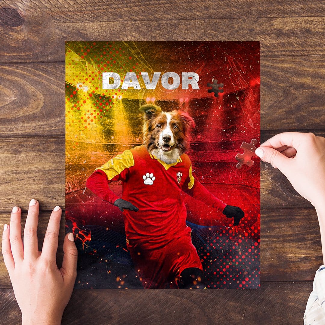 Personalized pet puzzle featuring a dog in a red soccer uniform with "DAVOR" above.