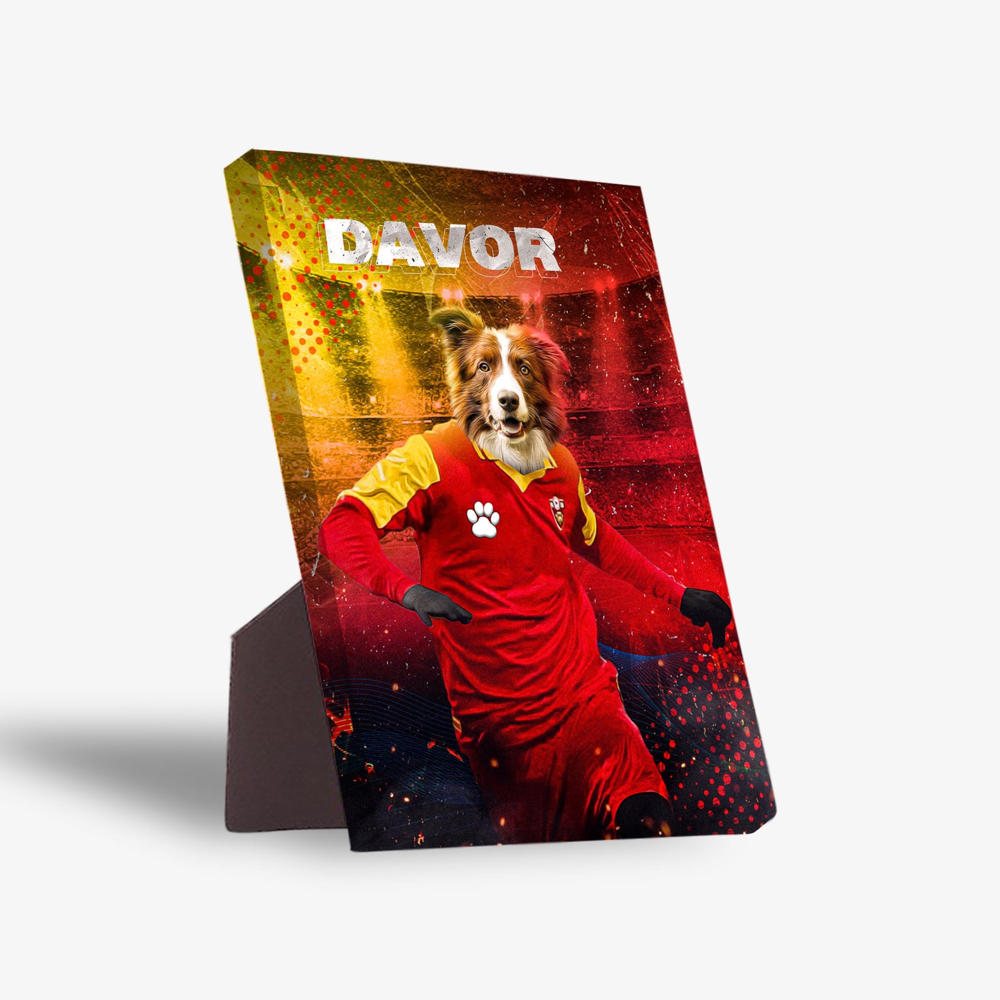 Personalized pet standing canvas featuring a Border Collie in a red and yellow soccer uniform with "DAVOR" above.