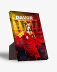 Personalized pet standing canvas featuring a Border Collie in a red and yellow soccer uniform with "DAVOR" above.