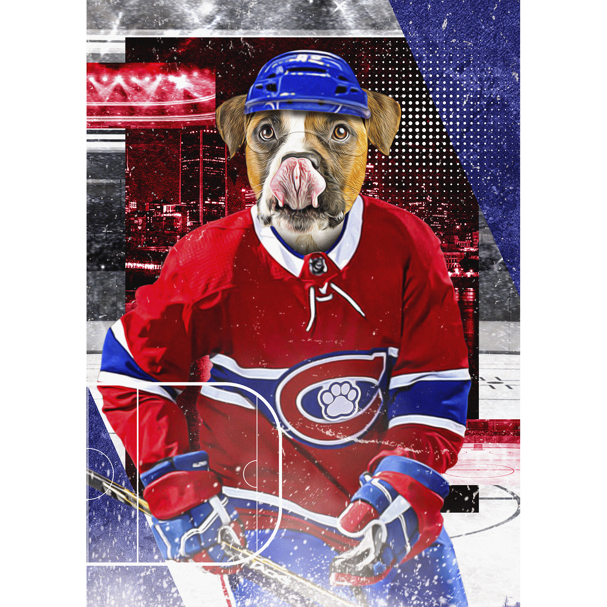 Custom digital portrait of a dog in a red hockey jersey and blue helmet on an ice rink.