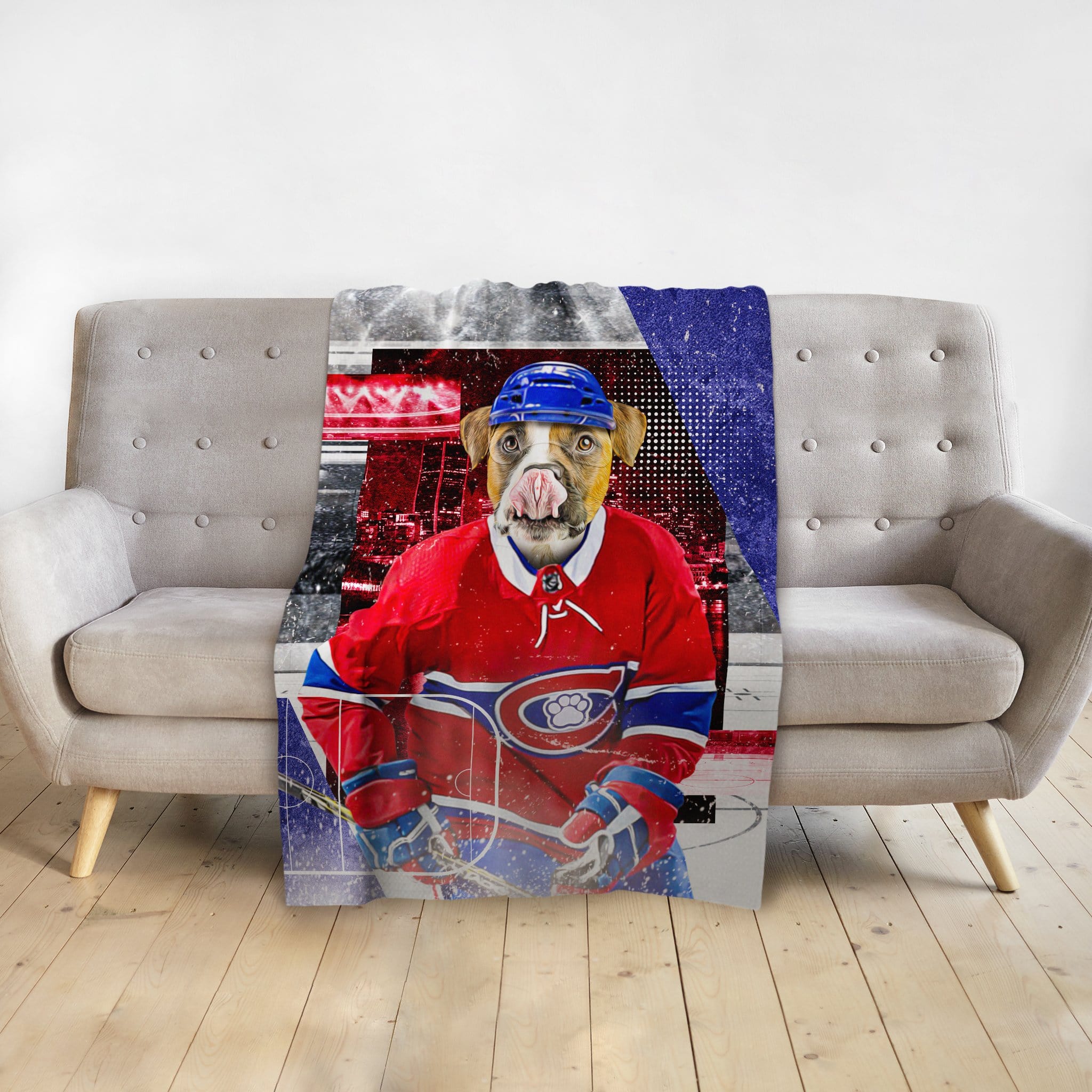 Personalized pet blanket featuring a dog in a red Montreal K9dians hockey uniform.