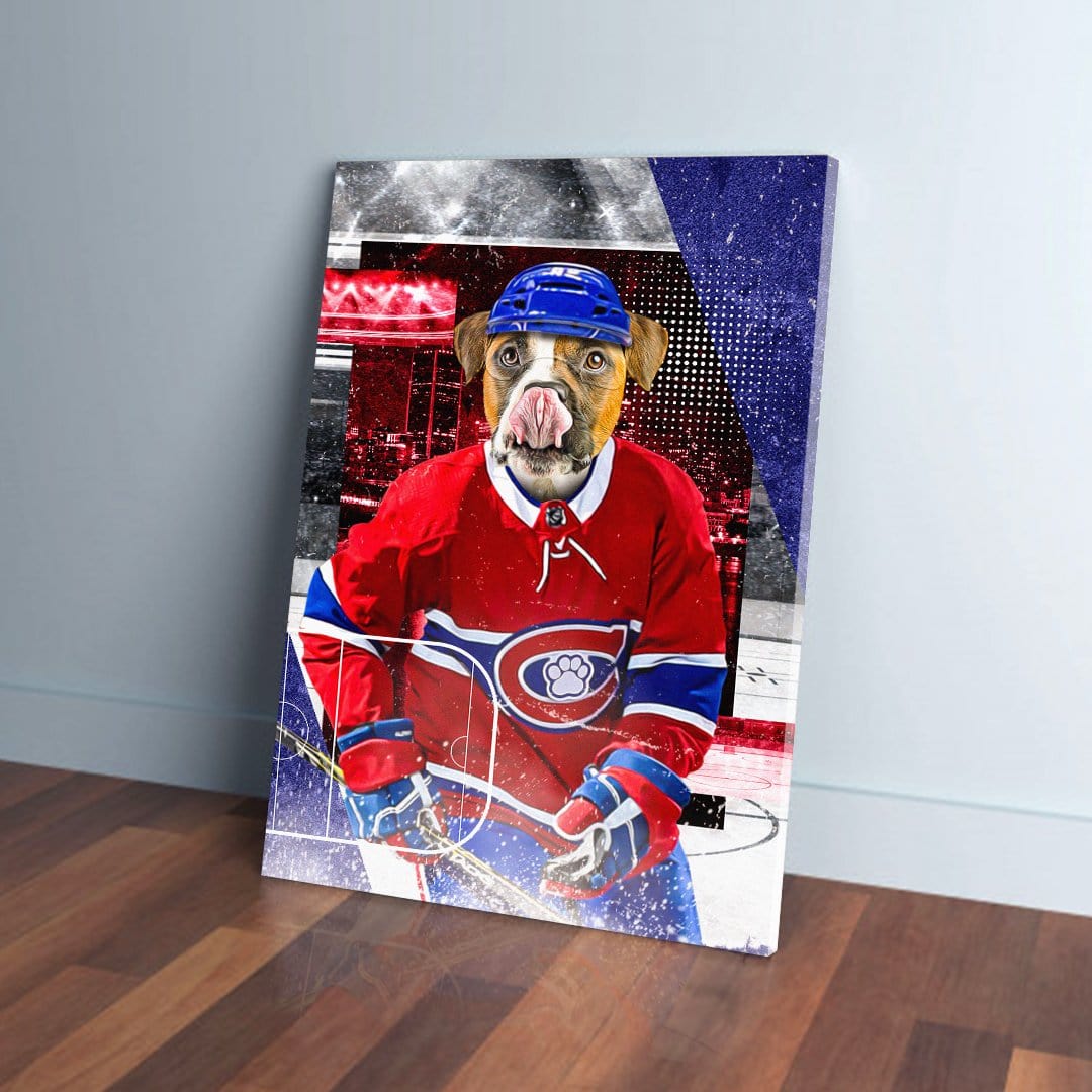 Personalized 'Montreal K9dians' pet canvas featuring a dog in a red hockey jersey and blue helmet.