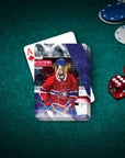 Custom pet portrait playing cards featuring a dog in a Montreal K9dians hockey uniform.