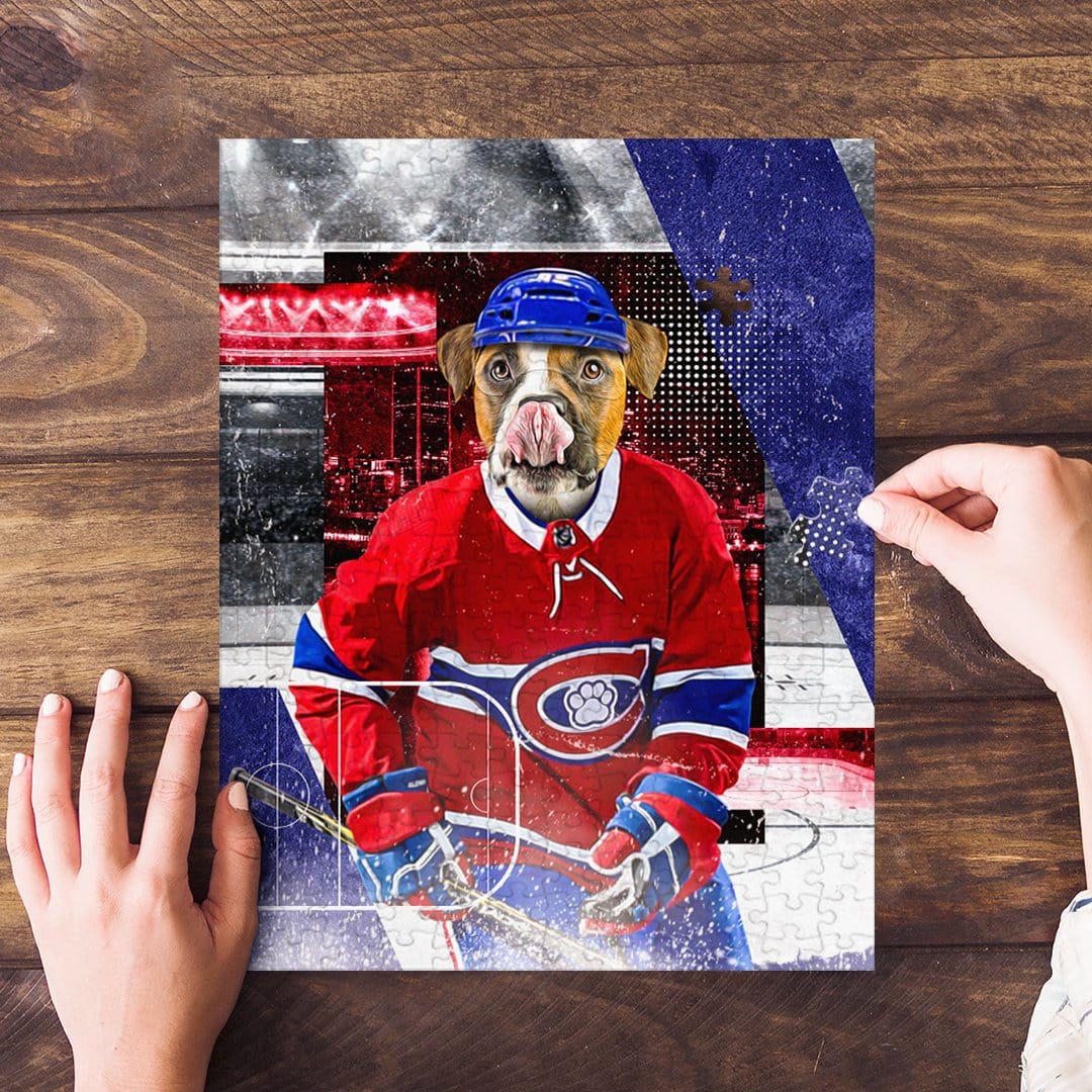 Personalized Montreal K9dians pet puzzle featuring a dog in a hockey uniform.