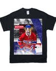 Black Gildan t-shirt with a personalized design of a dog in a Montreal Canadiens hockey uniform.